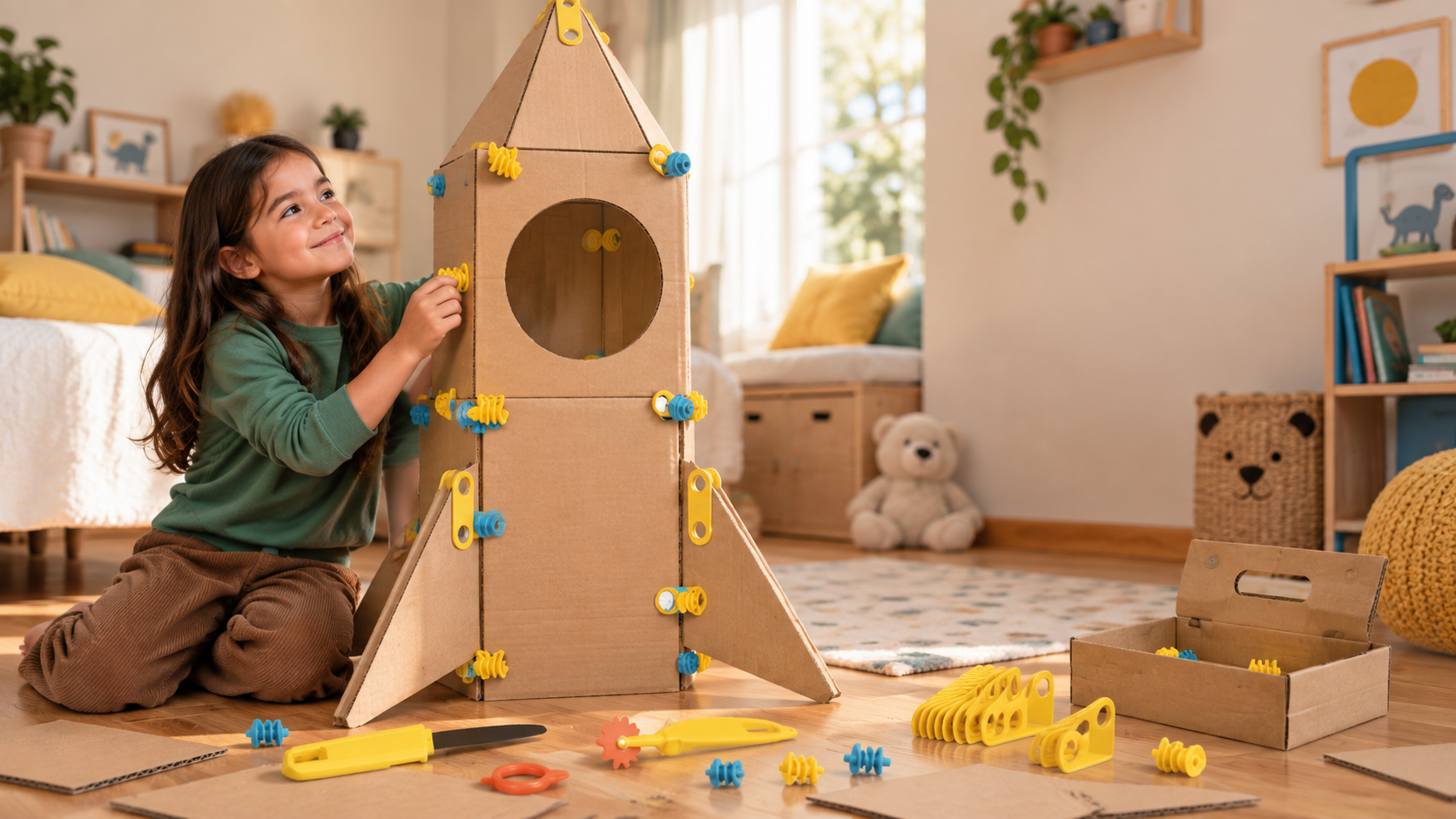 Dziewczynka z własną rakietą z kartonu zbudowaną z elementami Playdo