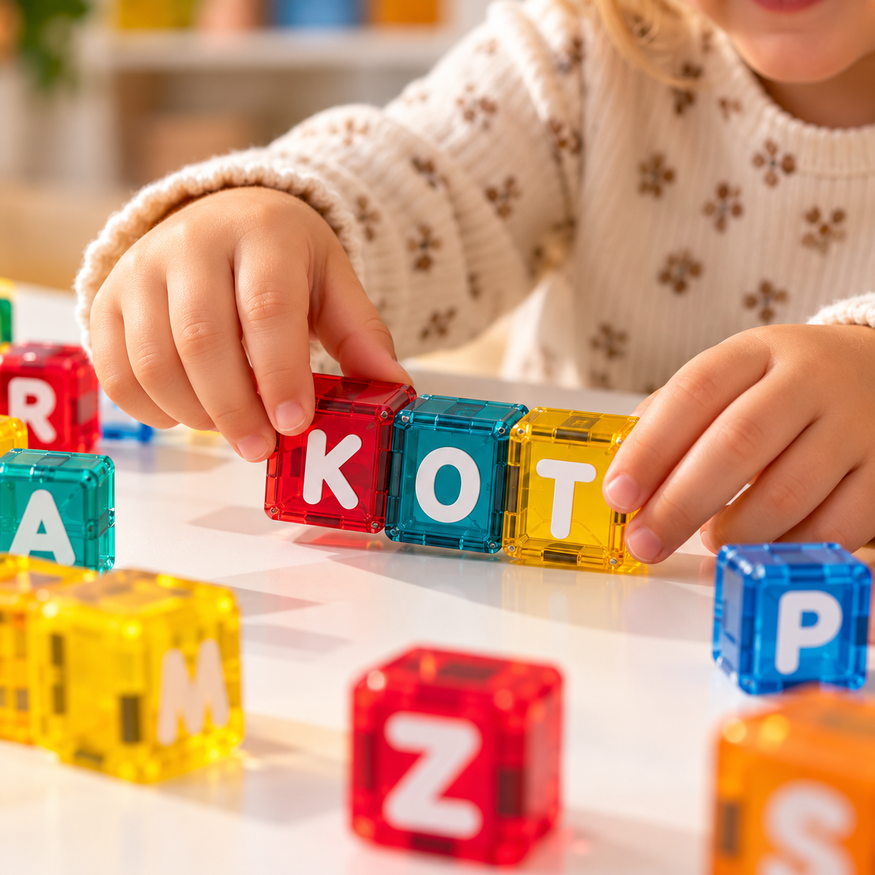 Dłonie dziecka łączą klocki PlayLetters w proste słowo